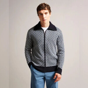 Ted Baker Mens Teeflow Geometric T Print Zipped Knit Cardigan Sweater  4=L